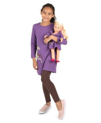 Big Girls 6-14 Matching Doll Long Sleeve Cotton Crew Neck A-Line Dress