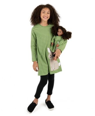 Leveret Toddler Girls Matching Doll Long Sleeve Cotton Crew Neck A-Line Dress - Bunny stripes green 50$