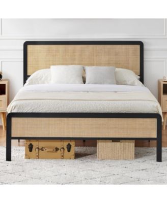Rattan Bed Frame with Cane Headboard, Boho Platform, Slat Support, No Box Spring, Easy Assembly