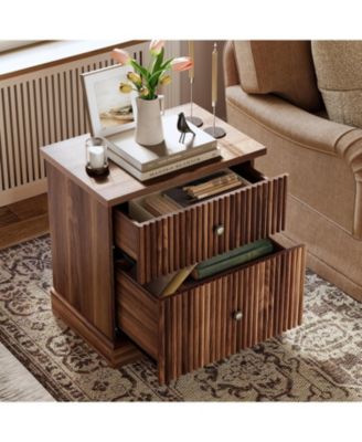 Fluted Nightstand with Drawers, Mid Century Modern Bedside Table, Brown Nightstand with Storage