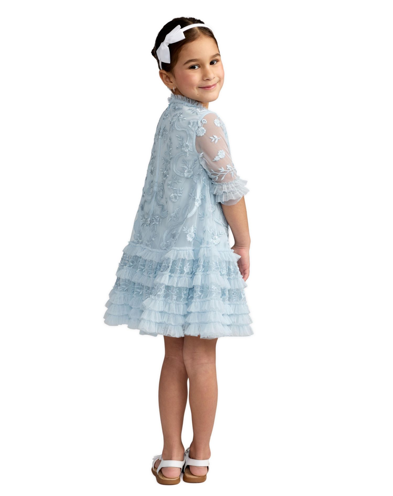 Little Girls Micro Ruffle Embroidered Mini Dress