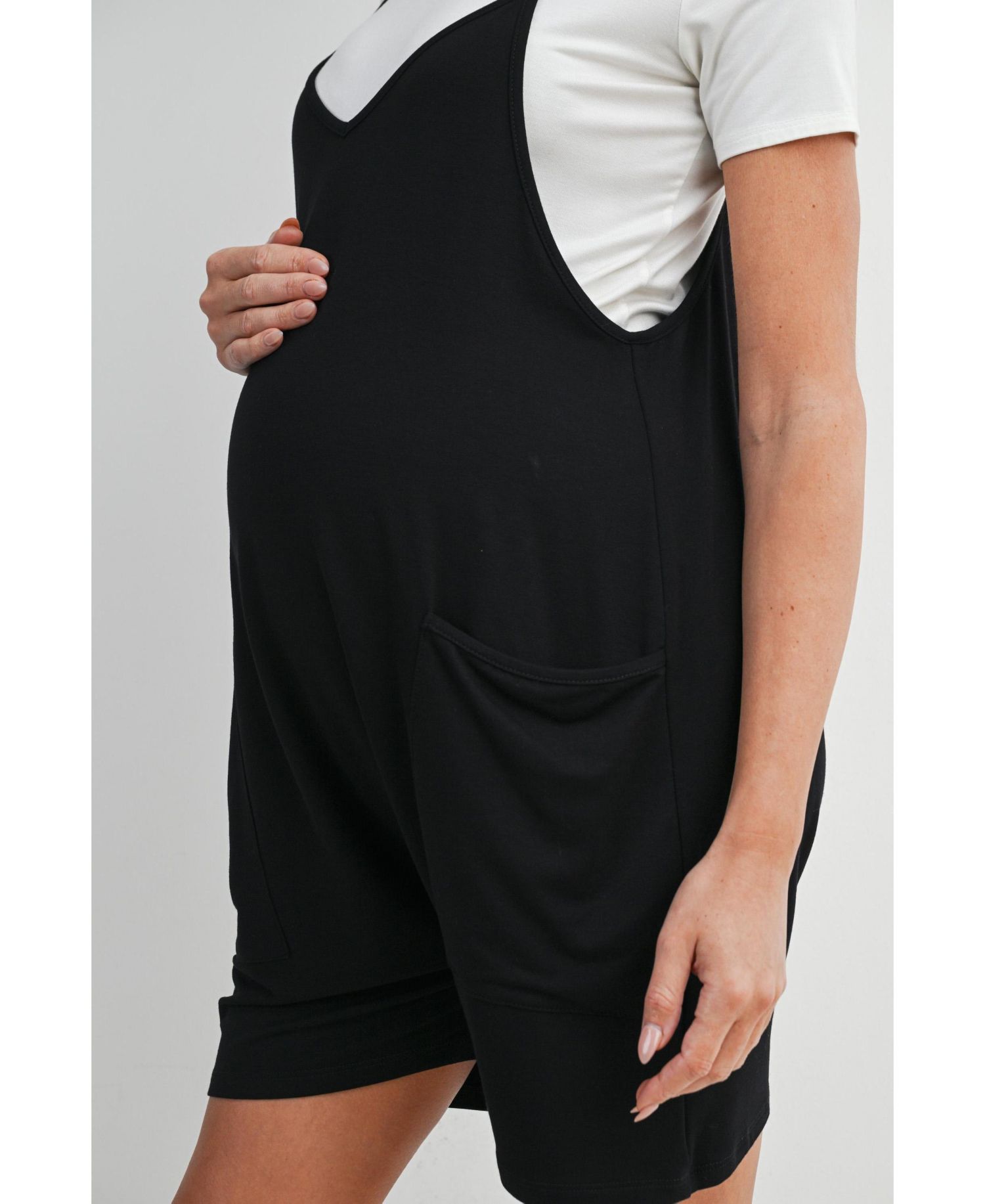 Maternity Sleeveless Loose Fit V-Neck Romper with Pockets and Adjustable Straps