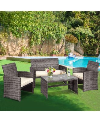 4PCS Patio Outdoor Rattan Furniture Set Chair Loveseat Table Cushioned