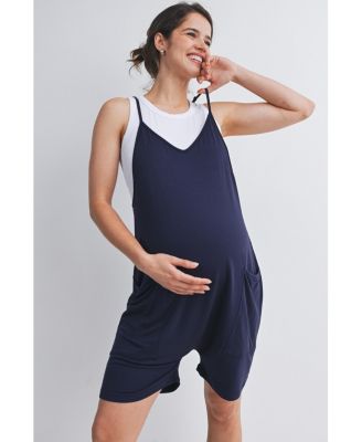 Maternity Sleeveless Loose Fit V-Neck Romper with Pockets and Adjustable Straps