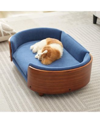 Mid-Century Wood Pet Bed with Velvet Cushion