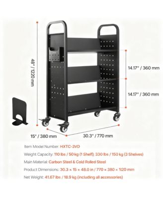 3-Tier Rolling Book Cart, 330 lbs Capacity, Silent Casters, Easy Assembly