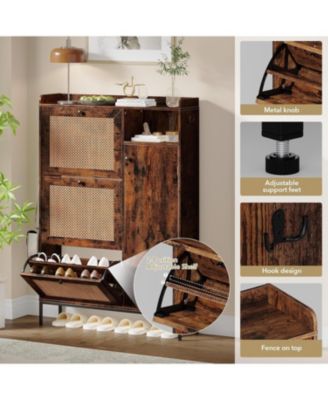 Rattan Shoe Cabinet with 3 Flip Drawers Narrow Entryway Shoe Organizer Adjustable Shelves Safety Fenc