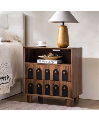 Modern Mid-Century Nightstand with 2 Drawers, Solid Wood Bedside Table with Charging Station, Curve Mirror Design, End Table for Bedroom