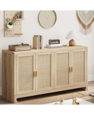 60 in Farmhouse Rattan Buffet Cabinet - 4-Door Woven Storage Sideboard with Adjustable Shelves