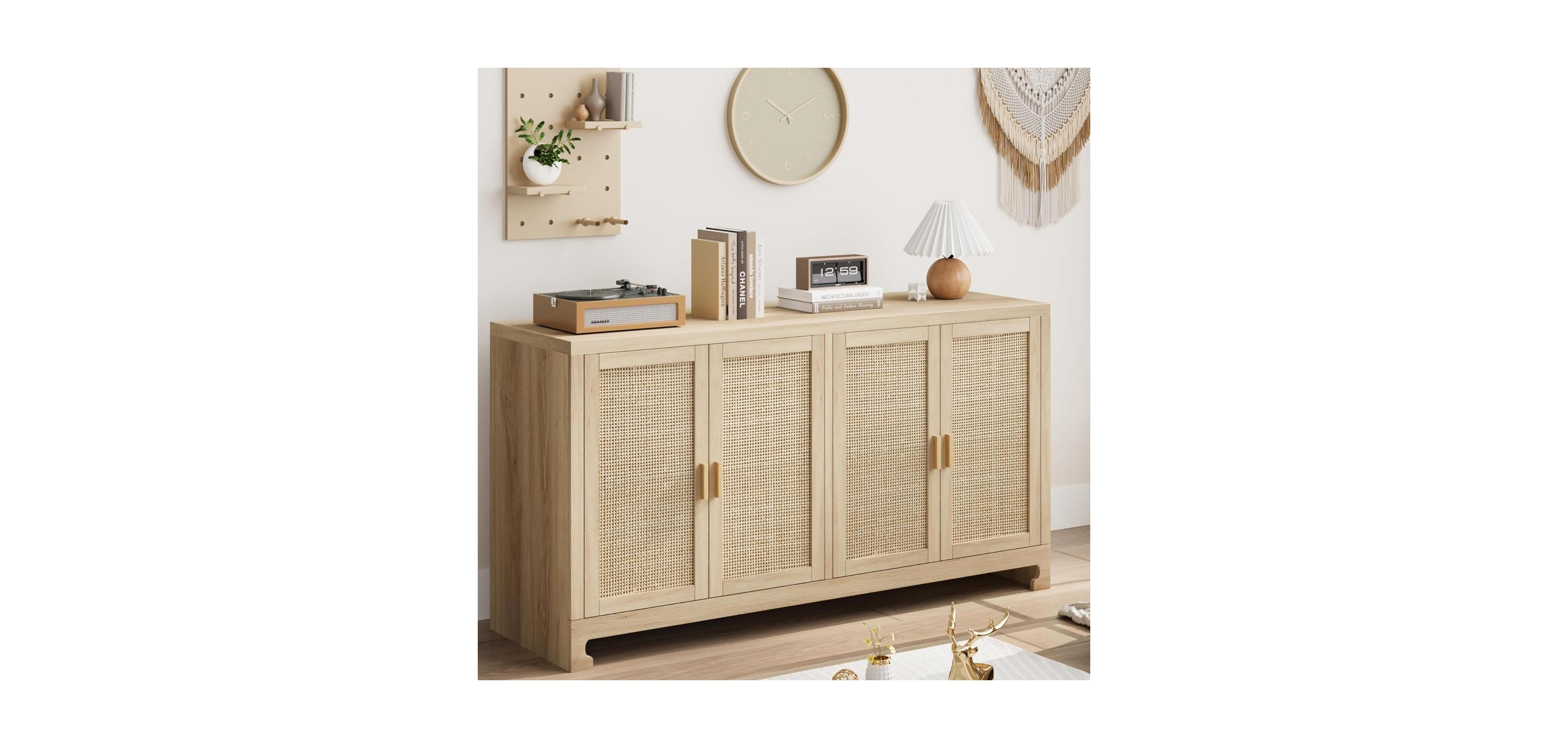 gaomon 60 in Farmhouse Rattan Buffet Cabinet - 4-Door Woven Storage Sideboard with Adjustable Shelves