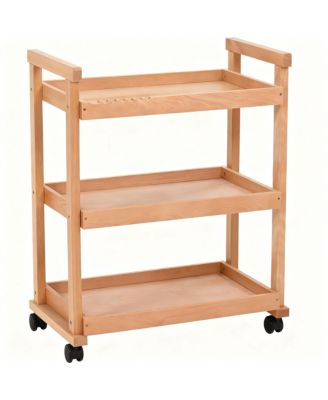 Solid Beechwood Art Cart with 3-Tier Shelves and Swivel Wheels