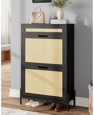 Farmhouse Rattan Shoe Cabinet 3-Tier Slim Wooden Shoe Rack with 3 Drawers and Adjustable Shelves