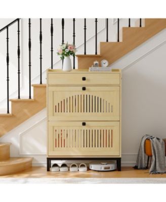 Wooden Shoe Storage Cabinet with 2 Turn Drawers Adjustable Shelves Large Top Drawer Hidden Freestanding Entryway Organizer