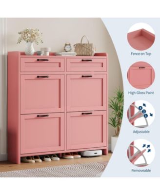 Shoe Cabinet with 4 Flip Drawers & 2 Top Drawers, Wooden Shoe Organizer Cabinet with Adjustable Shelf