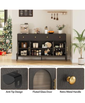 62 Inch Modern Sideboard Cabinet 3 Drawers and 3 Glass Doors Anti Tip Safety