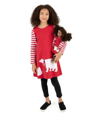 Leveret Toddler Girls Matching Doll Long Sleeve Cotton Crew Neck A-Line Dress - Polar bear red 40$