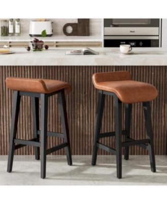 26.2" Bar Stools Set of 2, Modern Upholstered Kitchen Stools with Low Back, Footrest & Wood Legs, Counter Height for Kitchen or Dining