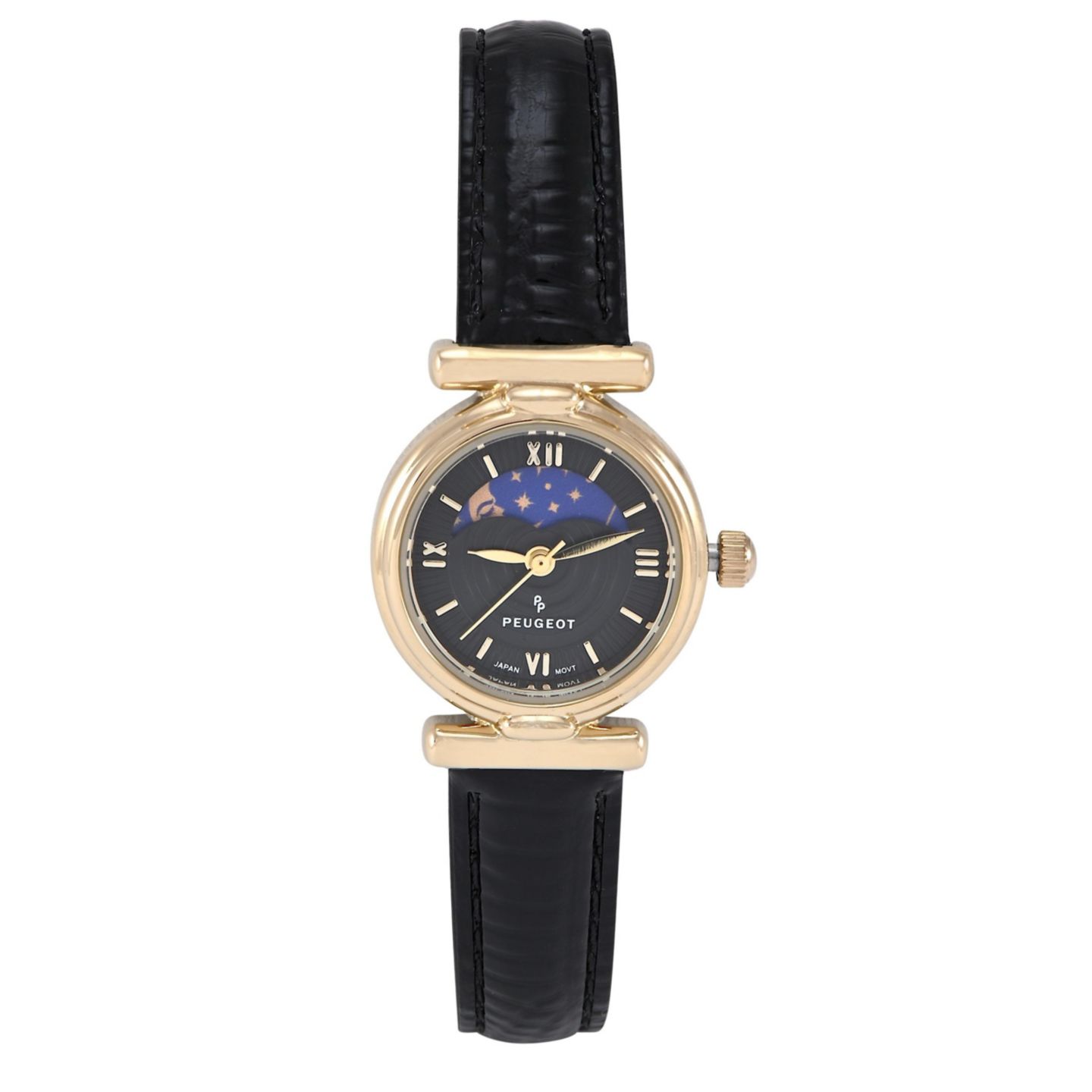 Женские часы Peugeot Petite 25mm Sun-Moon Watch with Glossy Leather Strap, цвет: Чёрный — фото 1
