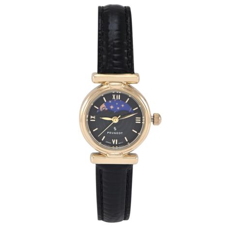 Женские часы Peugeot Petite 25mm Sun-Moon Watch with Glossy Leather Strap, цвет: Чёрный