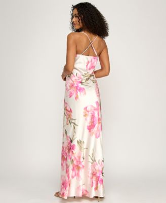 Juniors' Printed V-Neck Gown