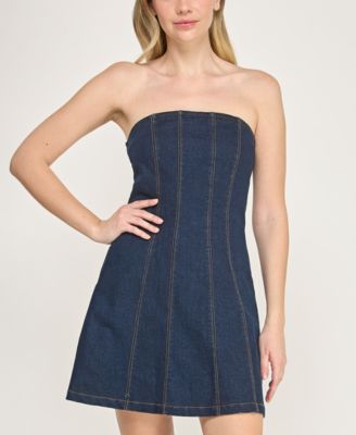 Juniors' Denim Strapless Mini Dress