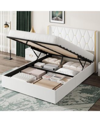Lift Up Storage Bed Frame with with Gold Wingback Headboard, Velvet Upholstered Bed Frame with Diamond Tufted Design & Gold