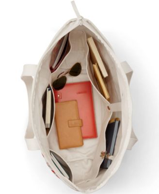 Large Print 5 Pocket Zip Top Long Handle Canvas Tote Bag