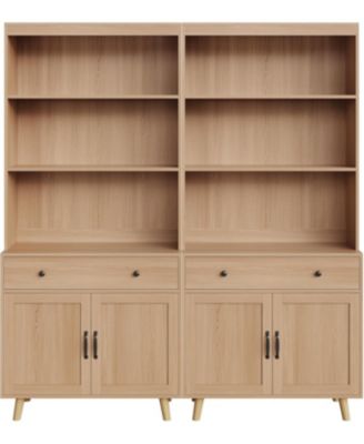 Tall Bookshelf with Storage Cabinet, Wood Bookcase with 4 Doors and 2 Drawer & Open Shelves, Freestanding Display Bookshelves for Home Office