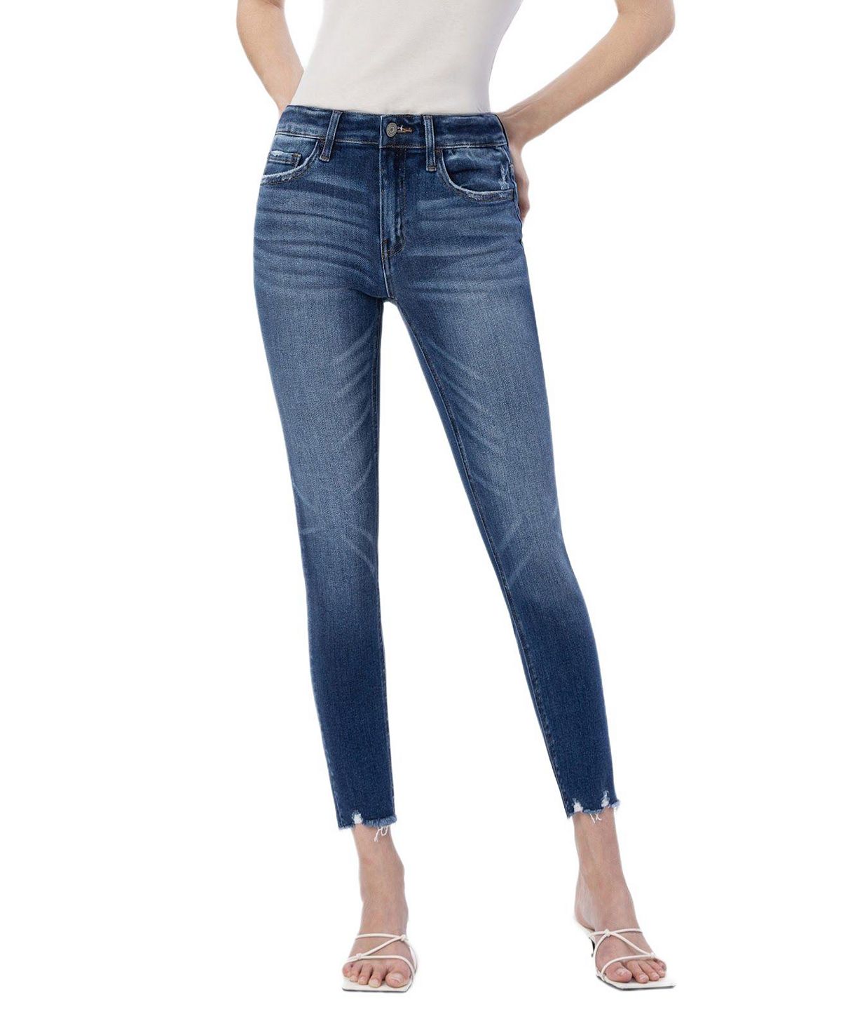 Vervet Women's Mid Rise Raw Distressed Hem Crop Skinny Jeans view 1 — MAYCSS fashion products