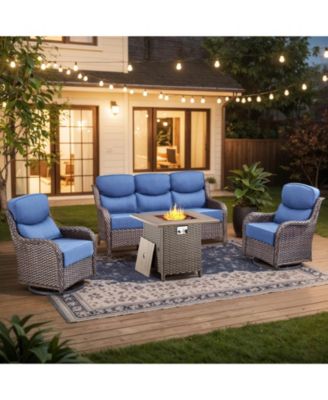 4 Piece Patio Furniture Set with Fire Pit Table, Swivel Rocker Chair, Seat Sofa, Seats Outdoor Conversation Set for Lawn Garden Backyard