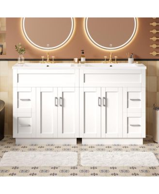 60" Double Sink Bathroom Vanity with Dual SMC Resin Basins, Soft Close Drawers & Adjustable Shelves for Large Bathrooms