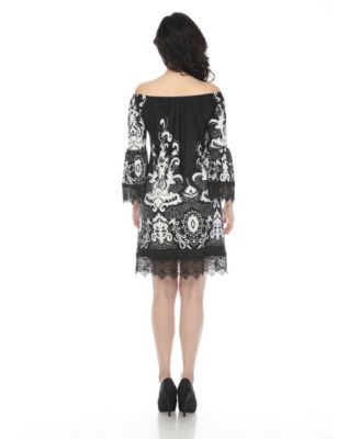 Women's Off-The-Shoulder Printed Bell-Sleeve Lace Hem Dress