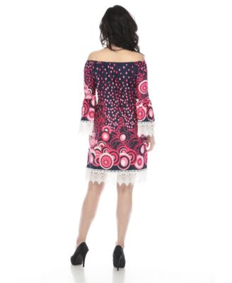 Women's Off-The-Shoulder Printed Bell-Sleeve Lace Hem Dress