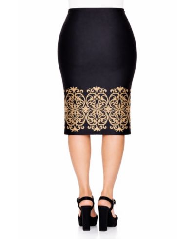 White Mark Women's Printed Stretch Midi Pencil Skirt
