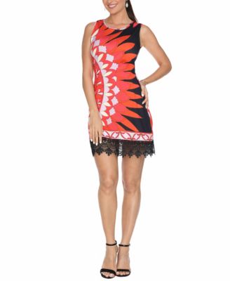 Women's Printed Sleeveless Lace Hem Sheath Dress