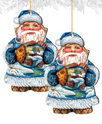 Gold Fish Santa Wooden Christmas Ornament Set of 2