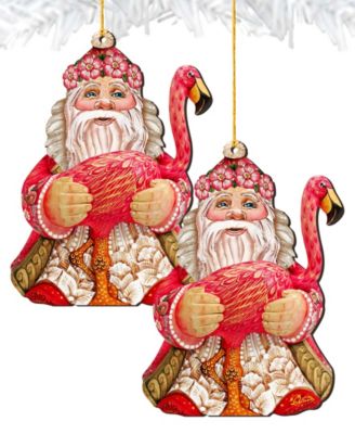 Flamingo Santa Wooden Christmas Ornament Set of 2