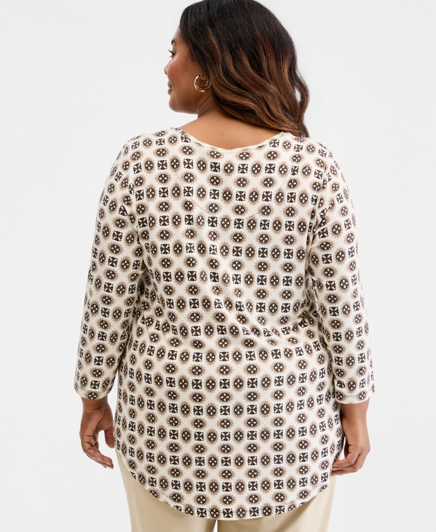 Petite Aria Tile Geometric-Print 3/4-Sleeve Scoop Neck T-Shirt