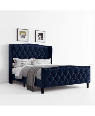 Full Size Velvet Wingback Platform Bed Frame Upholstered Headboard, No Box Spring Needed