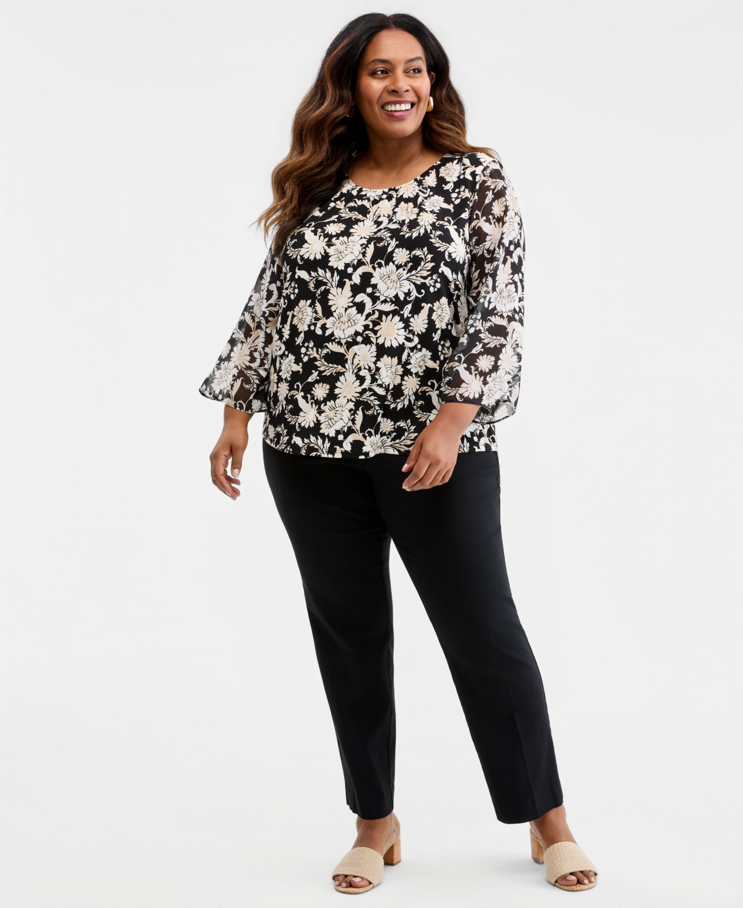 Plus Size Bold Floral Scroll Chiffon-Sleeve Gathered-Neck Top