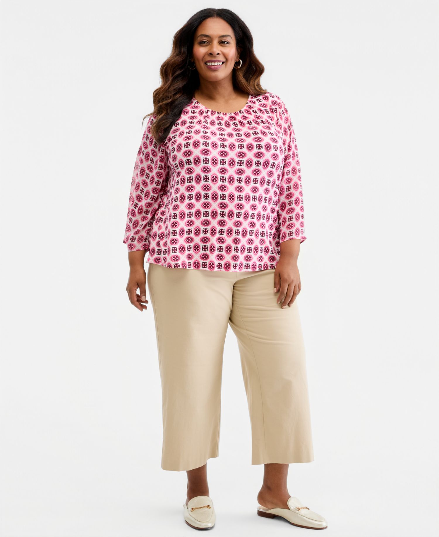 Petite Printed Chiffon-Sleeve Gathered-Neck Top