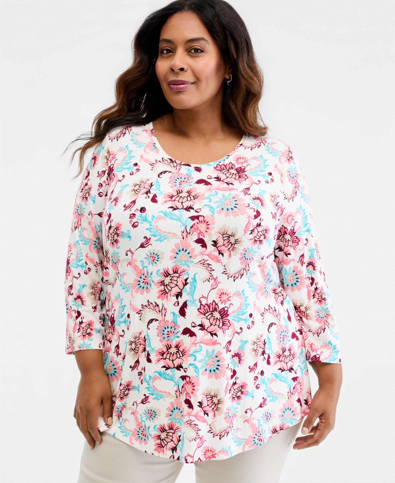Petite Printed Scoop-Neck 3/4-Sleeve Top
