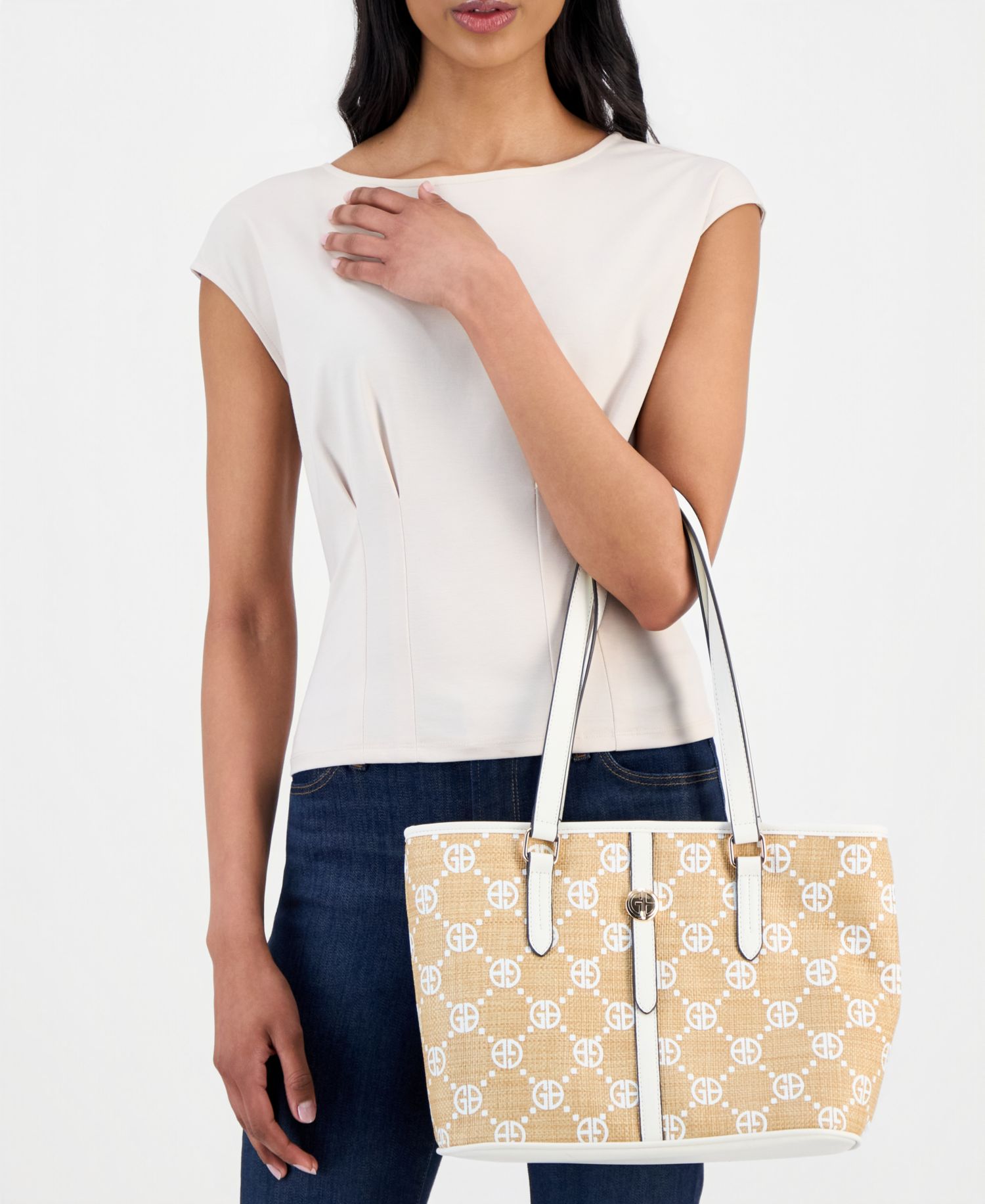 Belted Monogram Straw Tulip Tote Bag