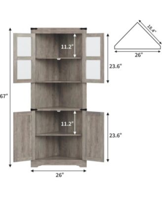 Tall Corner Cabinet Glass Door Adjustable Shelves Washed Grey for Kitchen and Bathroom