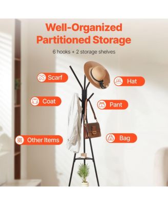 Freestanding Coat Rack - Coat Hanger Stand, Hall Tree with 2 Shelves and 6 Hooks for Bedroom, Living Room