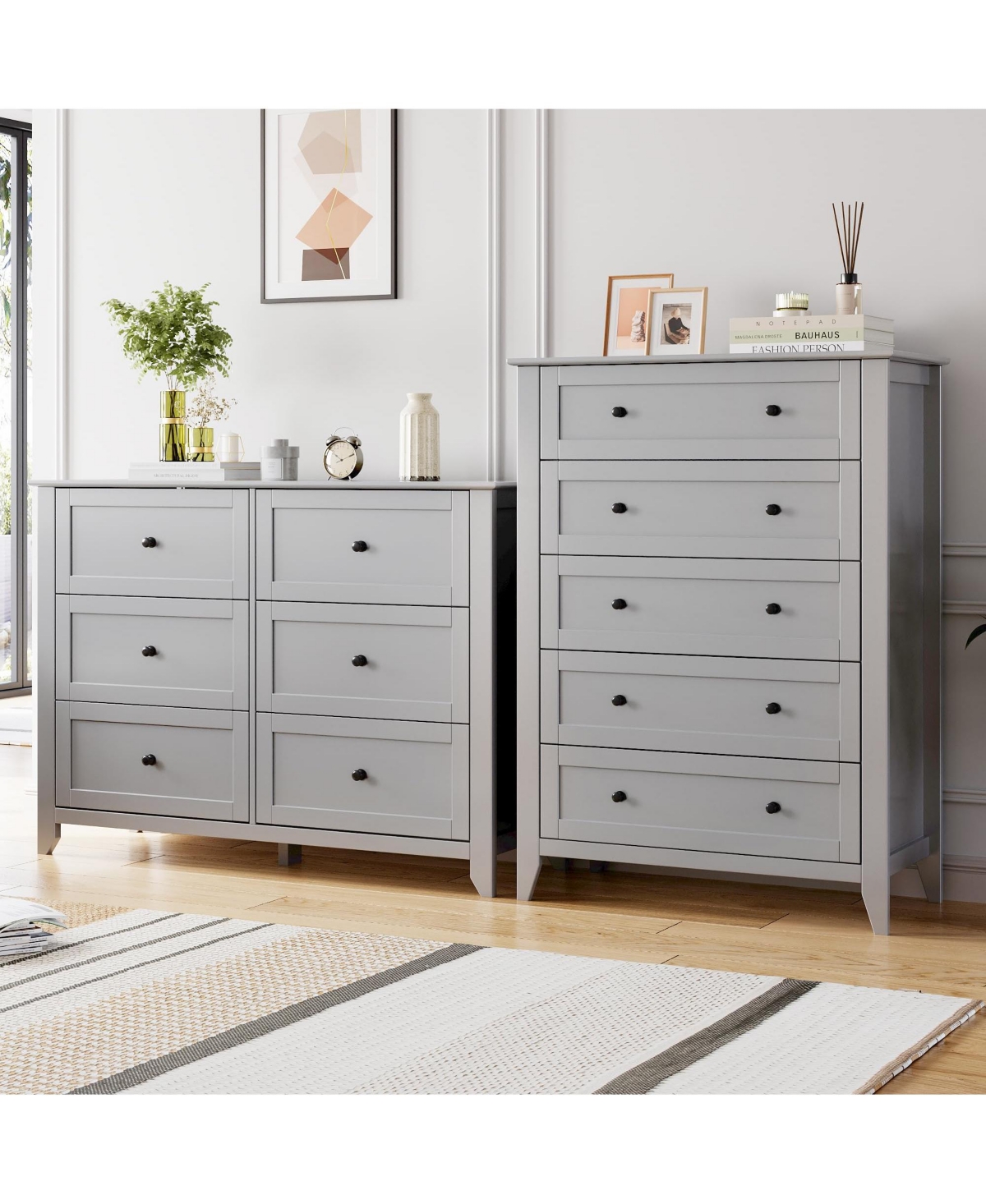 gaomon 5 Drawer Modern Tall Nightstand, Deep Drawers, Nickel Round Handle