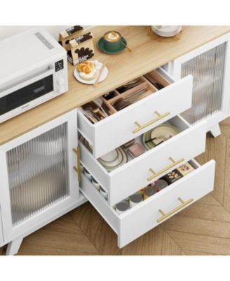 56 Inch Modern Sideboard Buffet Cabinet with 3 Drawers Adjustable Shelves and Fluted Glass Doors in Wood Top