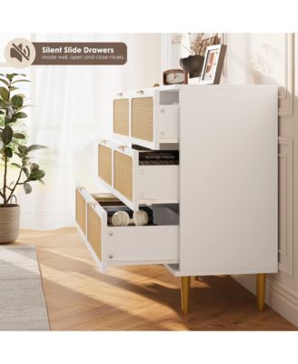 6 Drawer Dresser for Bedroom, Large Modern Double Dresser with Wide Top, Rattan Chest of Drawers with Deep Drawers for Living Room Hallway