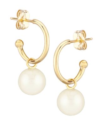 Pearl (6 mm) Drop Hoop Earrings Set in 14k Yellow Gold