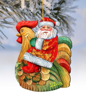 Santa Rooster Wooden Christmas Ornament, Set of 2
